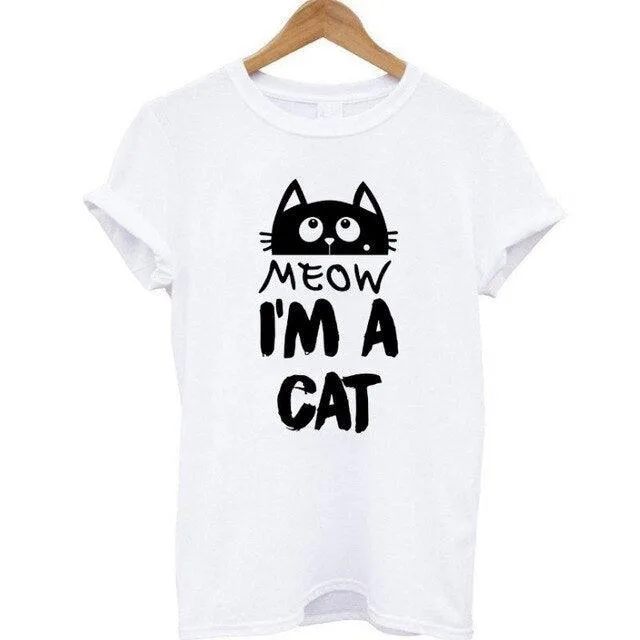 100% Cotton Meow Print Women Cat Casual Funny Shirt Top Tee Hipster T-Shirt