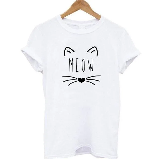 100% Cotton Meow Print Women Cat Casual Funny Shirt Top Tee Hipster T-Shirt