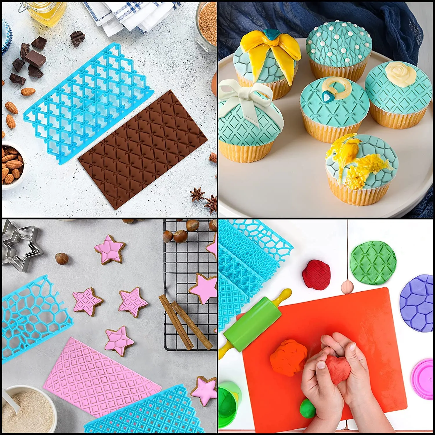 ABOUT SPACE Cake Fondant Embossing Mould (4 Pack) - Non-Toxic Plastic Fondant Impression Mat Icing Moulds for Cake Decorations Sugarcraft Cupcakes Jelly & Cookies