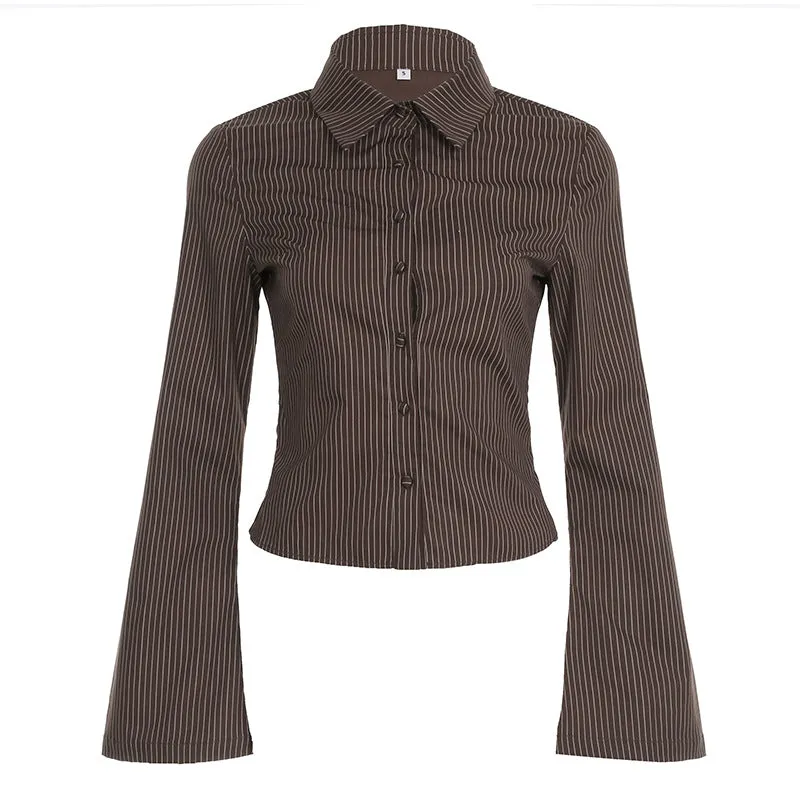 Advbridge 2000s fashion Urban Style Polo Collar Buckle Striped Bell Sleeve Shirt Elegant Commuter Waist Slimming Versatile Short Top