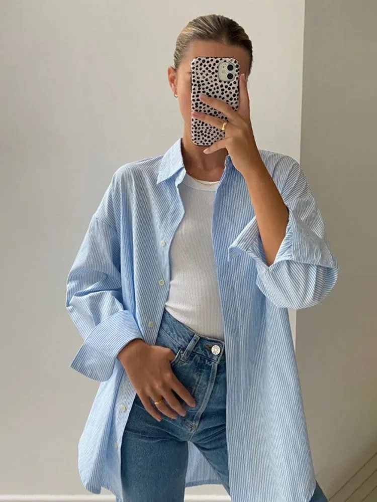 Advbridge masc outfits Autumn New Blue Striped Shirt Top Simple Advanced Sense Street Long Sleeve Cardigan