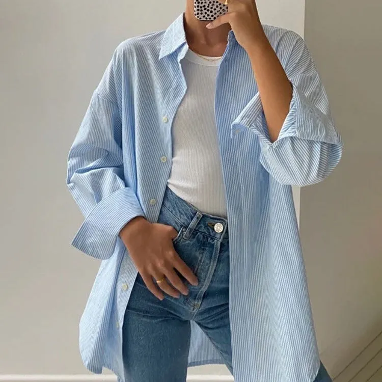 Advbridge masc outfits Autumn New Blue Striped Shirt Top Simple Advanced Sense Street Long Sleeve Cardigan