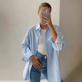 Advbridge masc outfits Autumn New Blue Striped Shirt Top Simple Advanced Sense Street Long Sleeve Cardigan