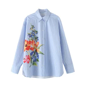 Advbridge outfit inspo 24482 Women's Clothing 2024 Autumn New Cotton Striped Flower Fashion Long Sleeve Lapel Shirt