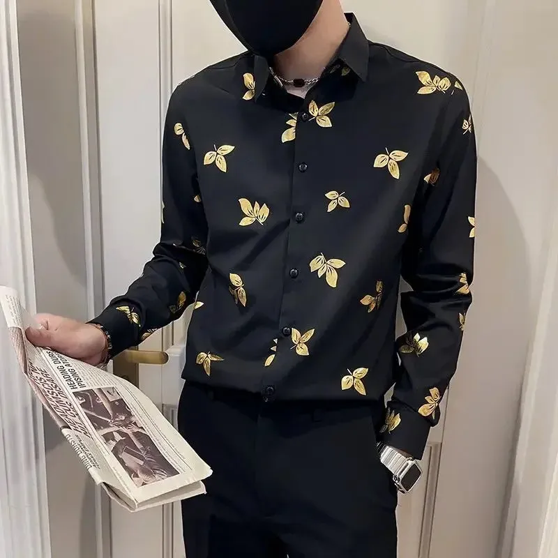 Aidase Man Shirt with Print Oversize Printed Shirts for Men Long Sleeve Clothing Asia Hipster Social Korean Popular Clothes Slim Fit I