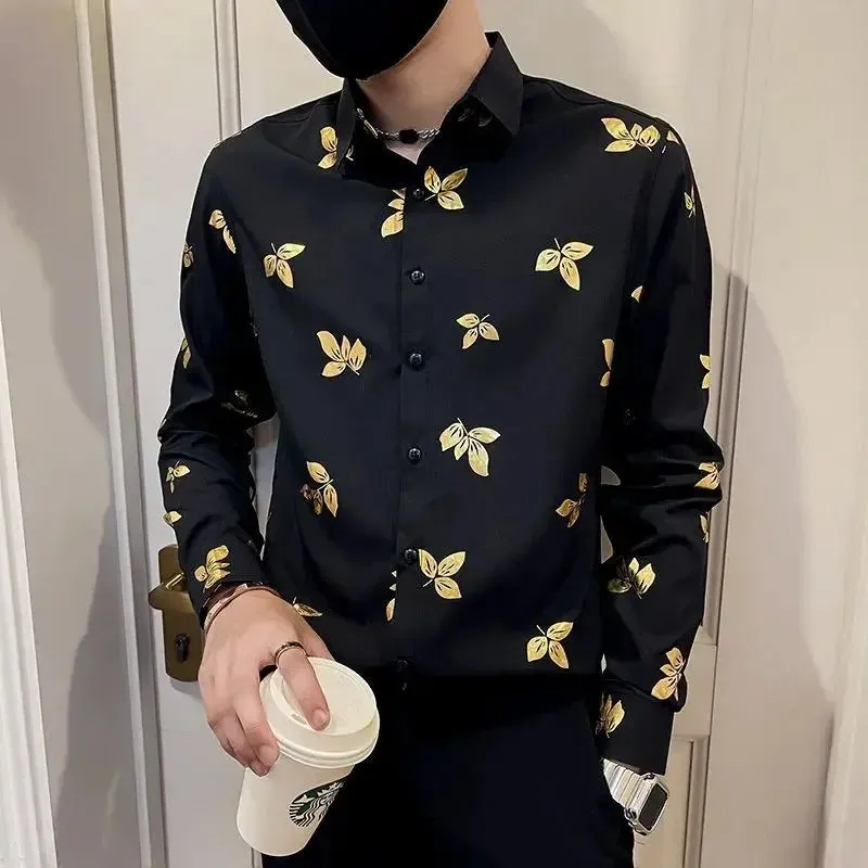 Aidase Man Shirt with Print Oversize Printed Shirts for Men Long Sleeve Clothing Asia Hipster Social Korean Popular Clothes Slim Fit I