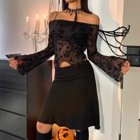 Aiertu dress to impress outfits Autumn and Winter Elegant Women's Black Floral Mesh off-Shoulder Bell Sleeve T-shirt Top Women