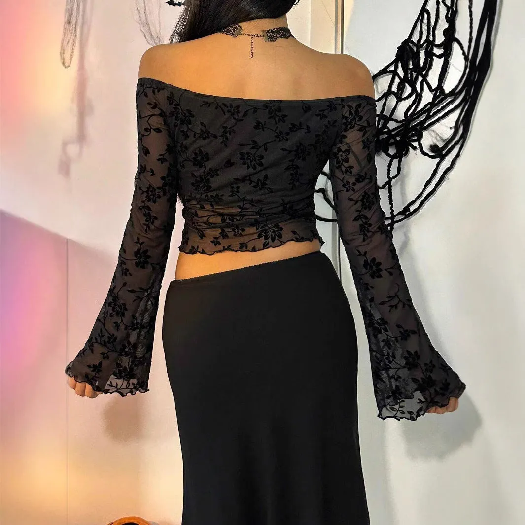 Aiertu dress to impress outfits Autumn and Winter Elegant Women's Black Floral Mesh off-Shoulder Bell Sleeve T-shirt Top Women