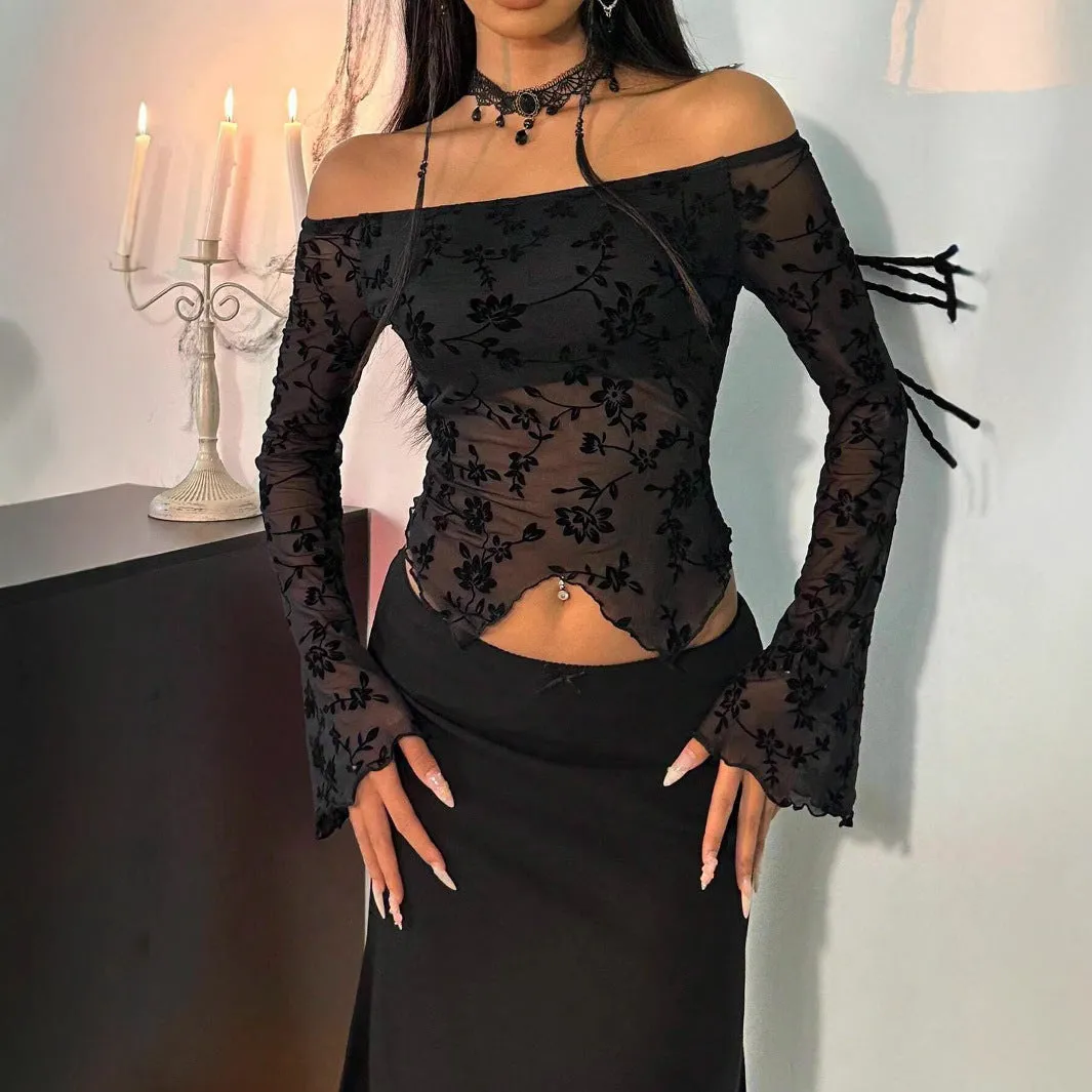 Aiertu dress to impress outfits Autumn and Winter Elegant Women's Black Floral Mesh off-Shoulder Bell Sleeve T-shirt Top Women