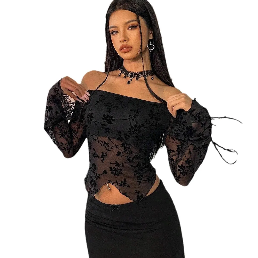 Aiertu dress to impress outfits Autumn and Winter Elegant Women's Black Floral Mesh off-Shoulder Bell Sleeve T-shirt Top Women