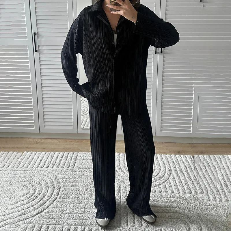 Amozae casual summer outfits Autumn New Shirt Lapel Pleated Suit Pants High Waist Casual Comfortable Suit