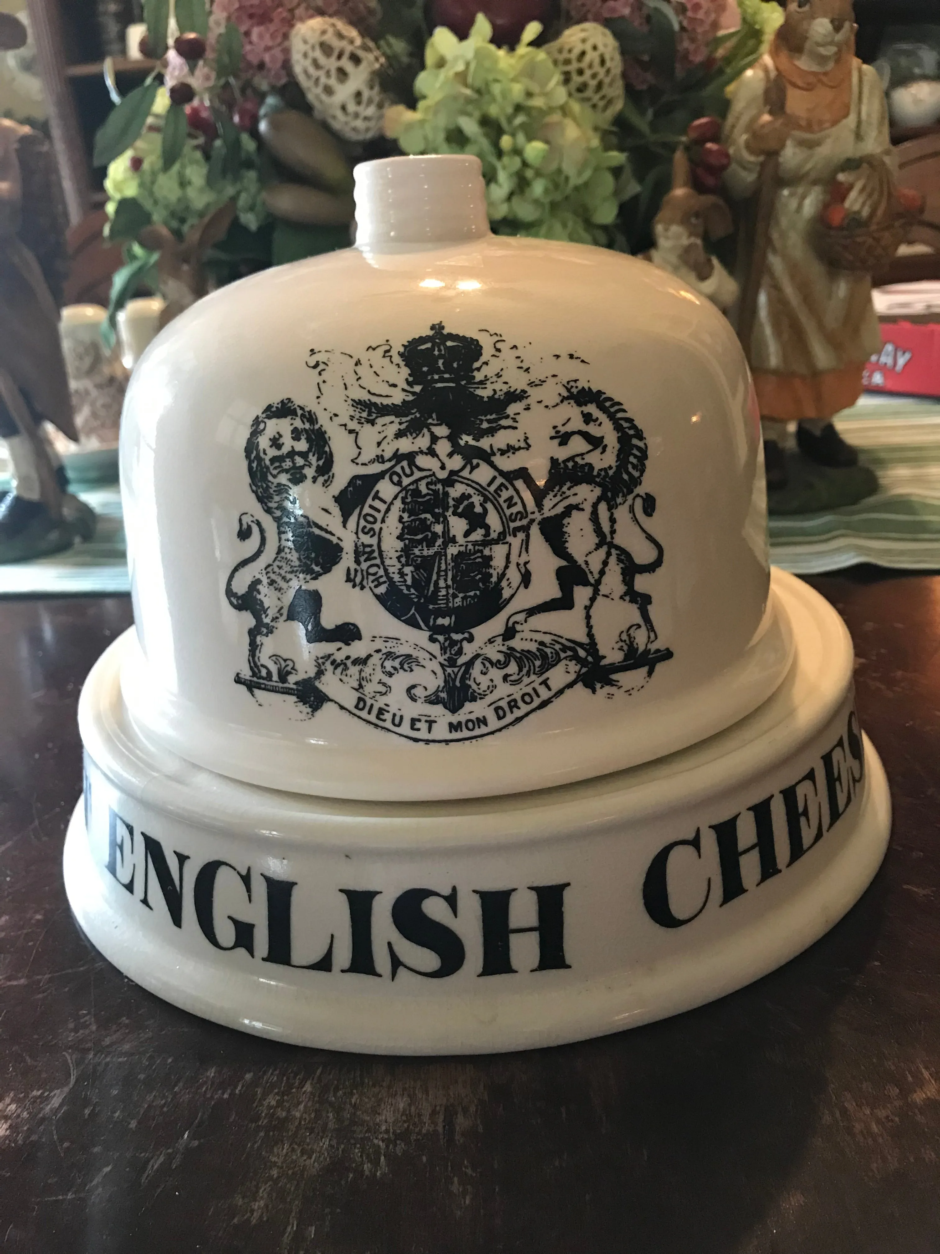 Antique FINEST ENGLISH CHEESE Grocers Dairy Slab Advertising English Transferware Cheese Bell & Plate British Coat of Arms