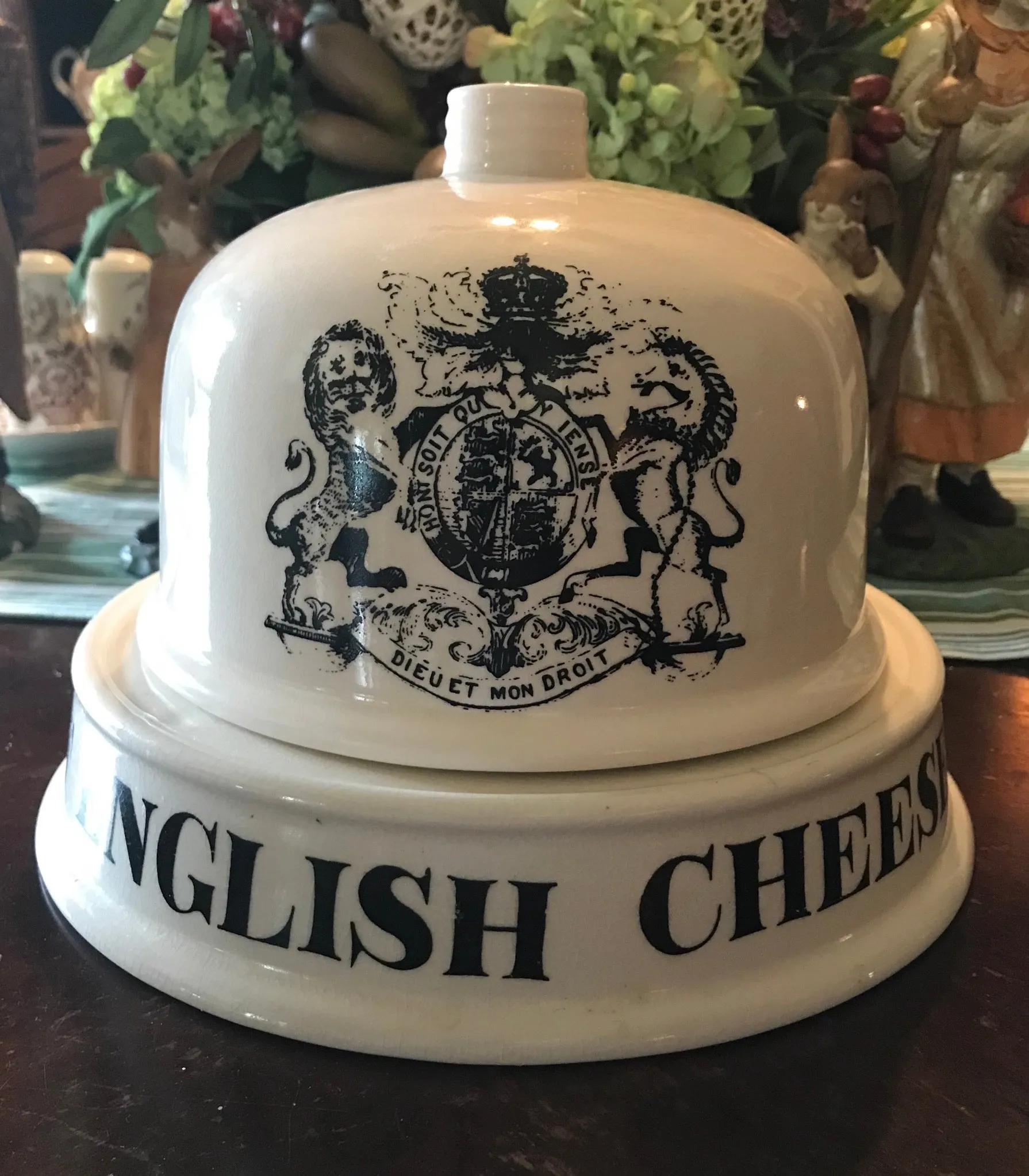 Antique FINEST ENGLISH CHEESE Grocers Dairy Slab Advertising English Transferware Cheese Bell & Plate British Coat of Arms