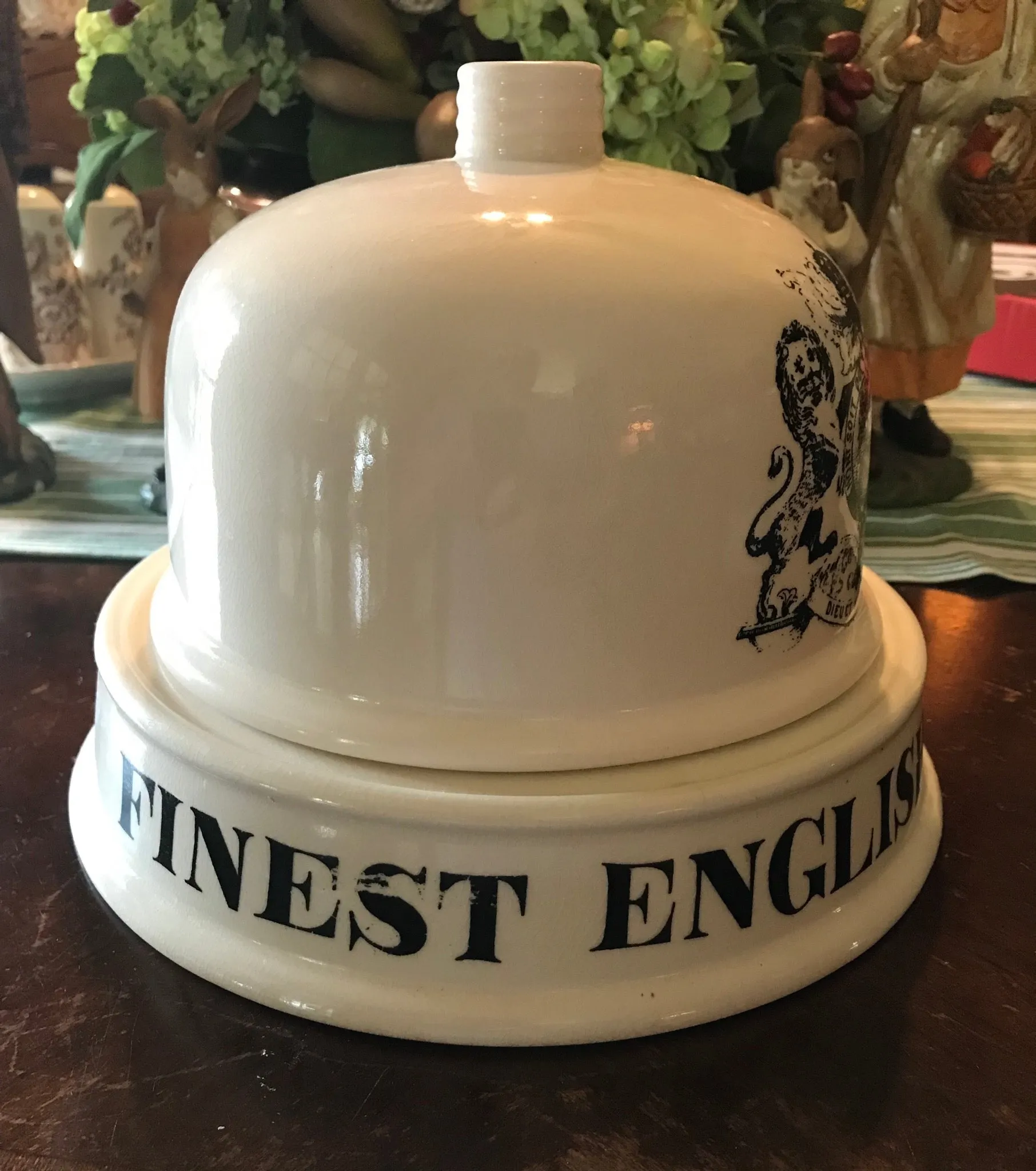 Antique FINEST ENGLISH CHEESE Grocers Dairy Slab Advertising English Transferware Cheese Bell & Plate British Coat of Arms