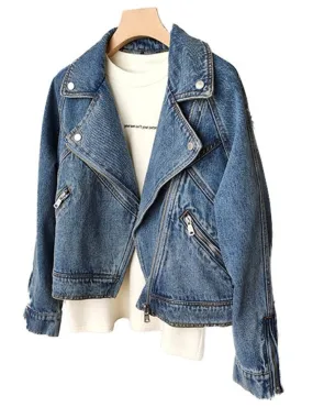 Autumn Women Casual Moto Biker Denim Jacket Lady Vintage Loose Lapel Zipper Solid Color Short Cowboy Coat