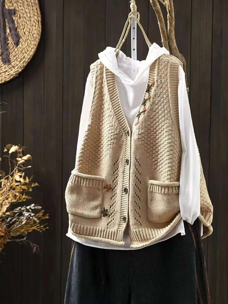 Babakud Women Autumn Embroidered Cotton Knitted Casual Vest