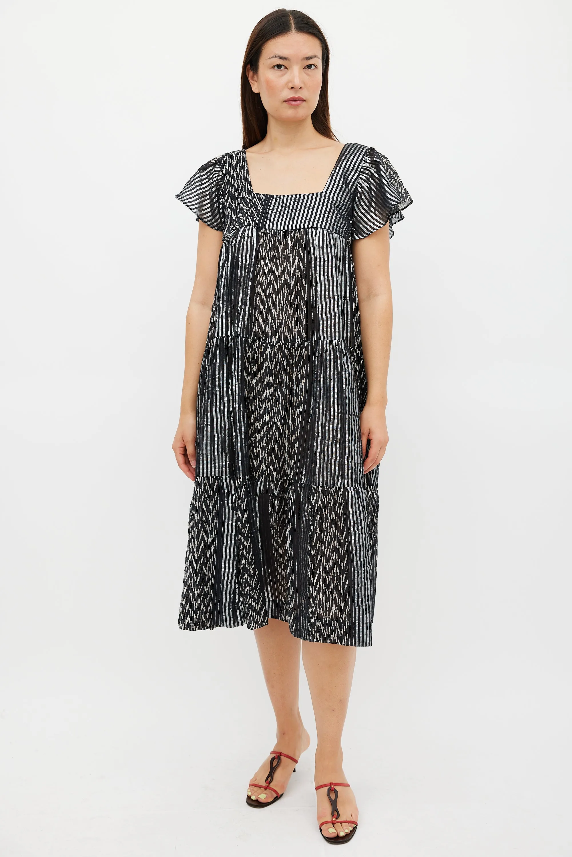 Black & Silver Striped Tier Midi Dress
