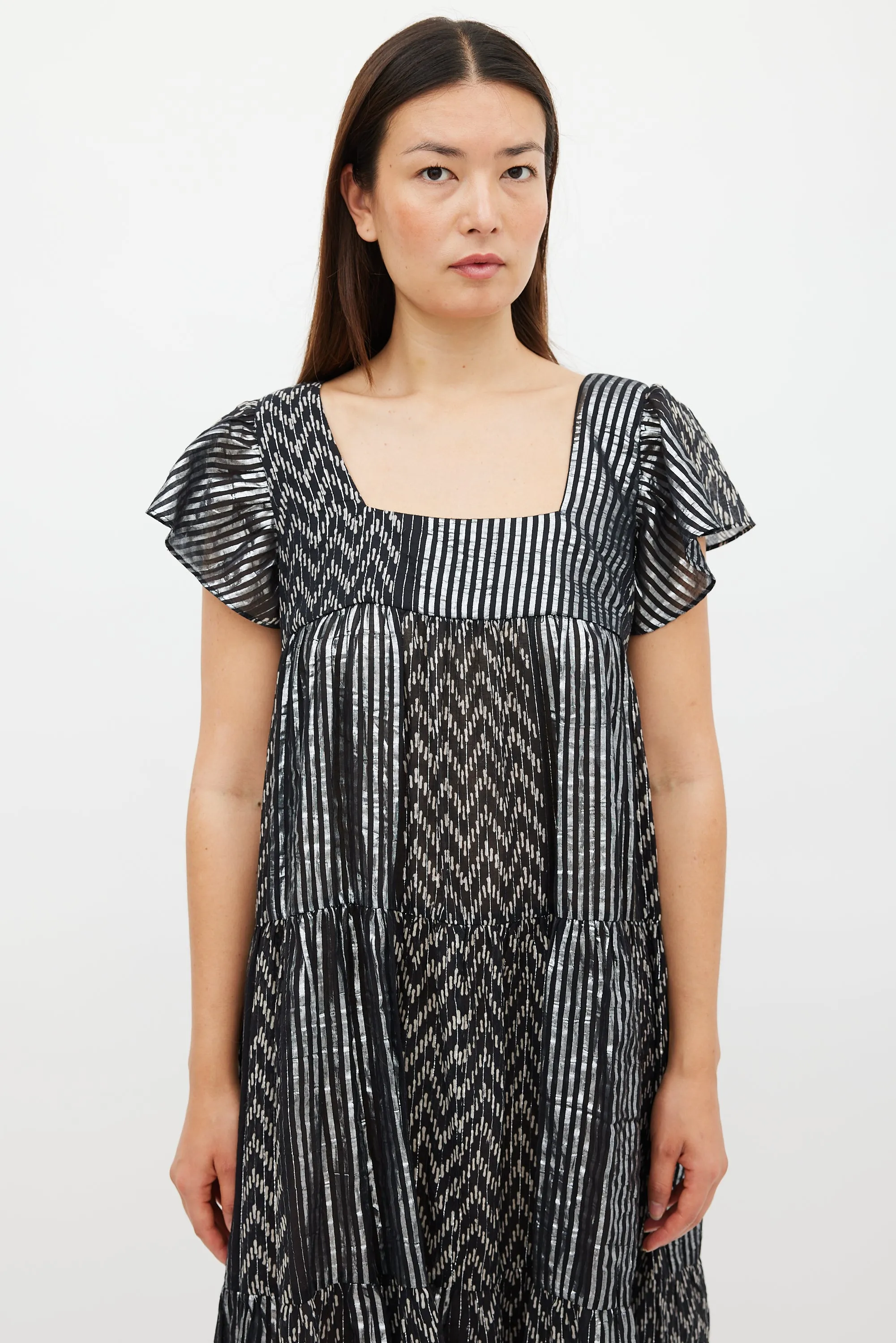 Black & Silver Striped Tier Midi Dress