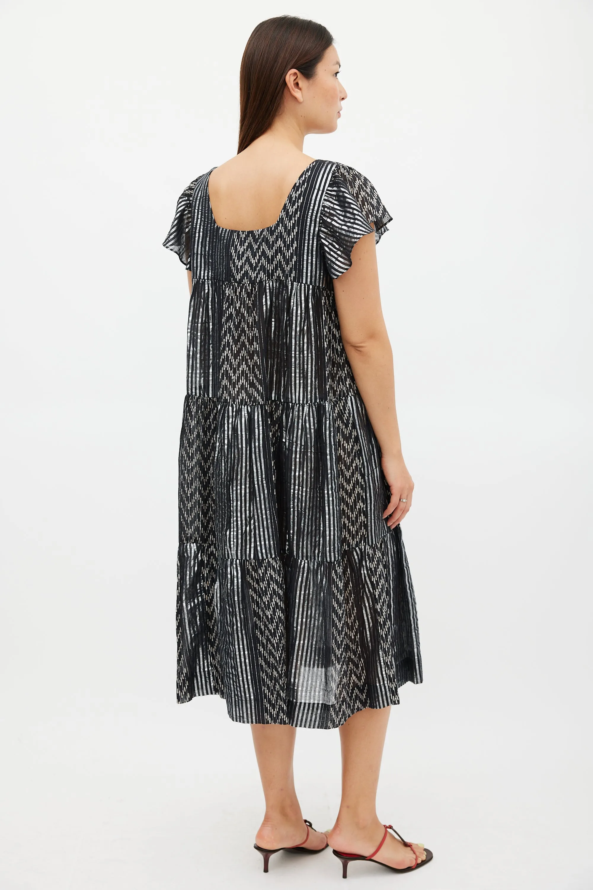 Black & Silver Striped Tier Midi Dress