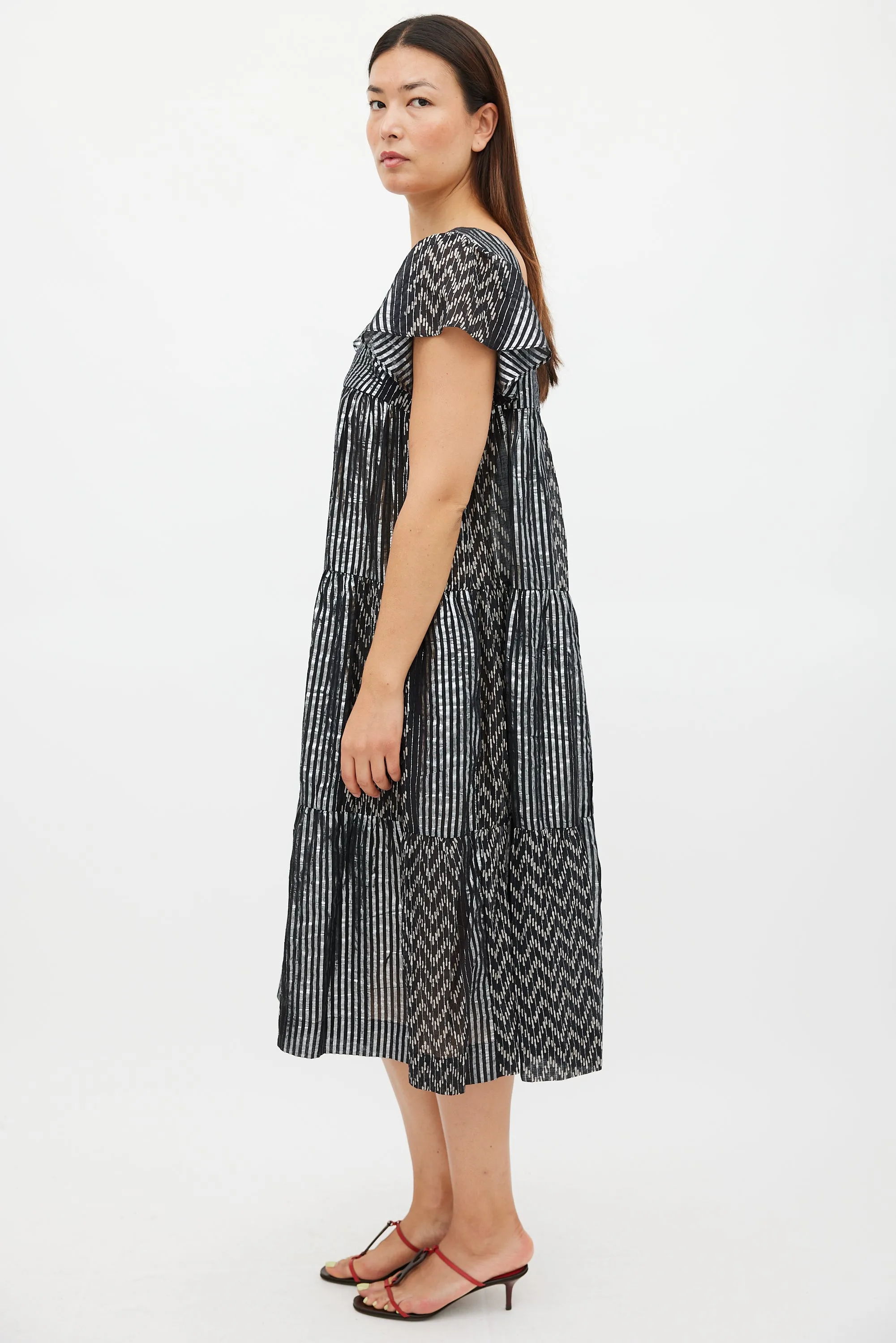 Black & Silver Striped Tier Midi Dress