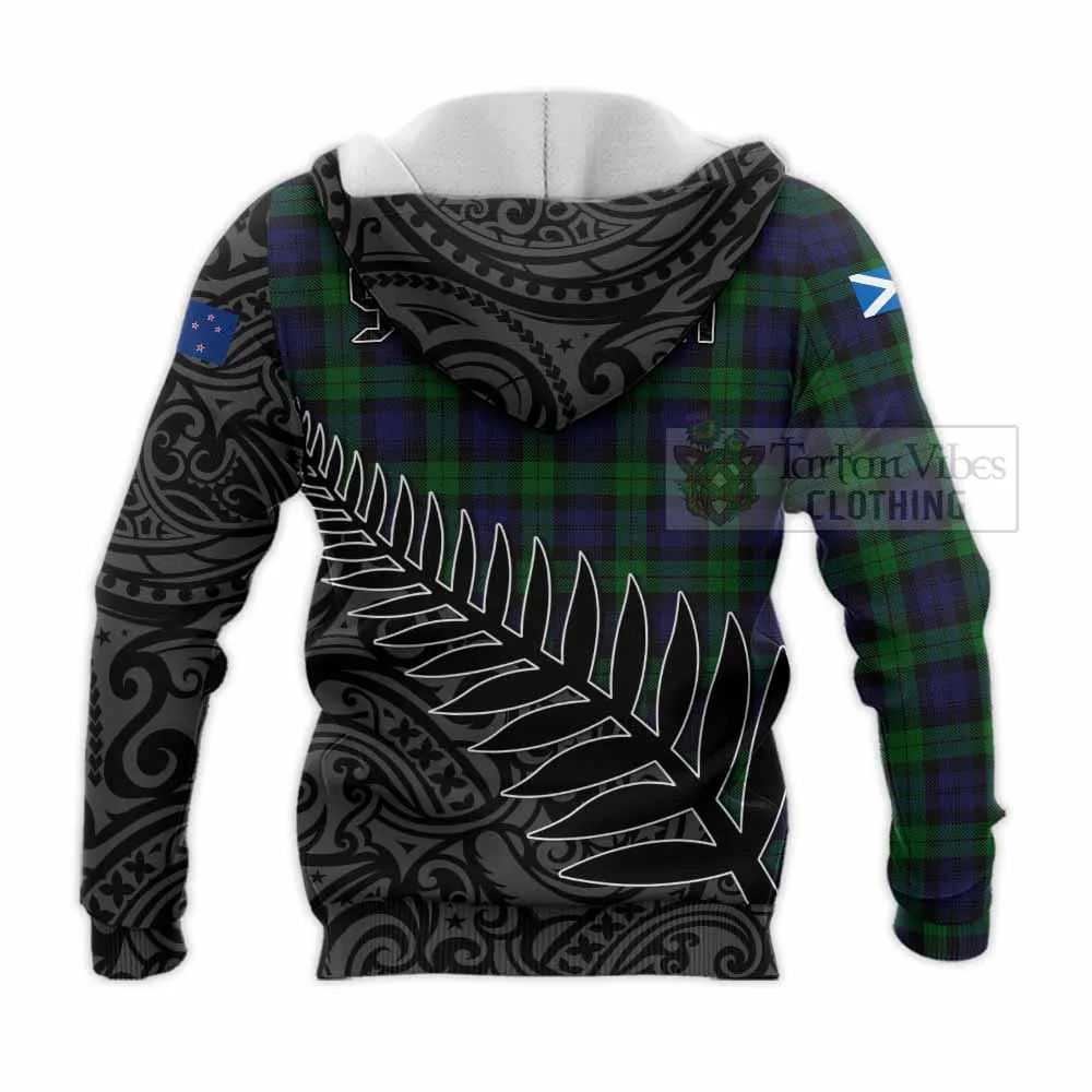 Black Watch Crest Tartan Knitted Hoodie with New Zealand Silver Fern Half Style