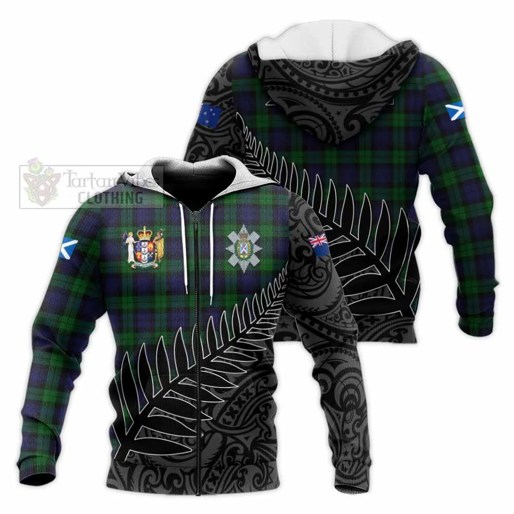 Black Watch Crest Tartan Knitted Hoodie with New Zealand Silver Fern Half Style