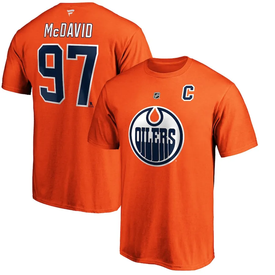 Connor McDavid Edmonton Oilers Logo Fanatics Branded Authentic Stack Name and Number - T-Shirt - Orange
