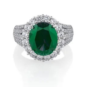 Dress ring with emerald simulant and 6.35 carats* of diamond simulants in sterling silver