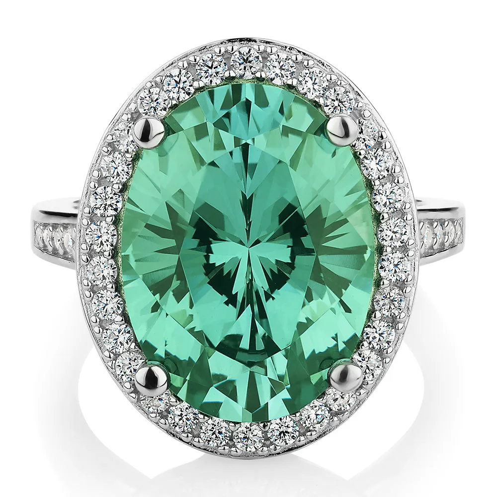 Dress ring with ocean green simulant and 0.78 carats* of diamond simulants in sterling silver