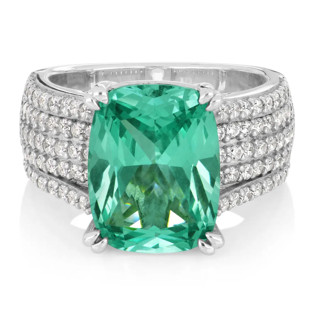 Dress ring with ocean green simulant and 0.90 carats* of diamond simulants in sterling silver