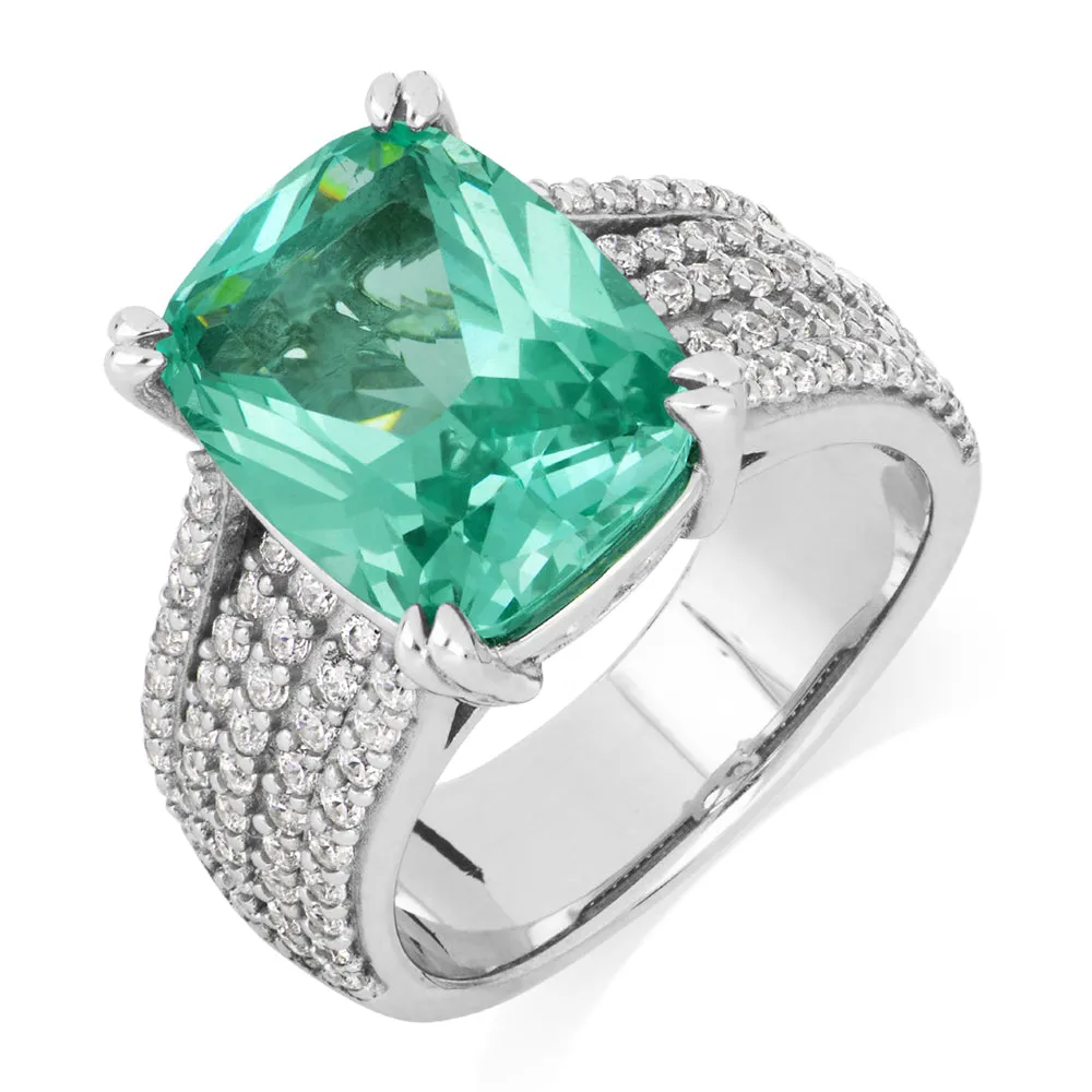 Dress ring with ocean green simulant and 0.90 carats* of diamond simulants in sterling silver