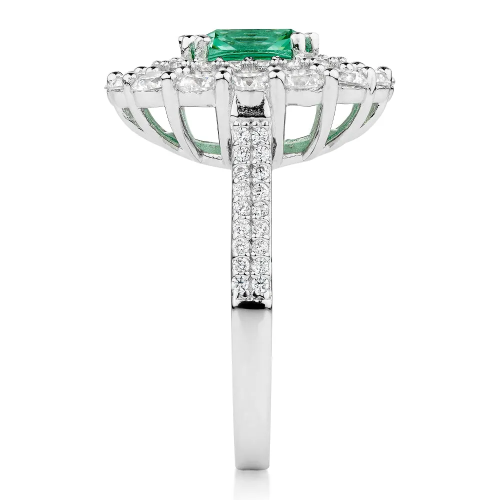 Dress ring with ocean green simulant and 1.76 carats* of diamond simulants in sterling silver