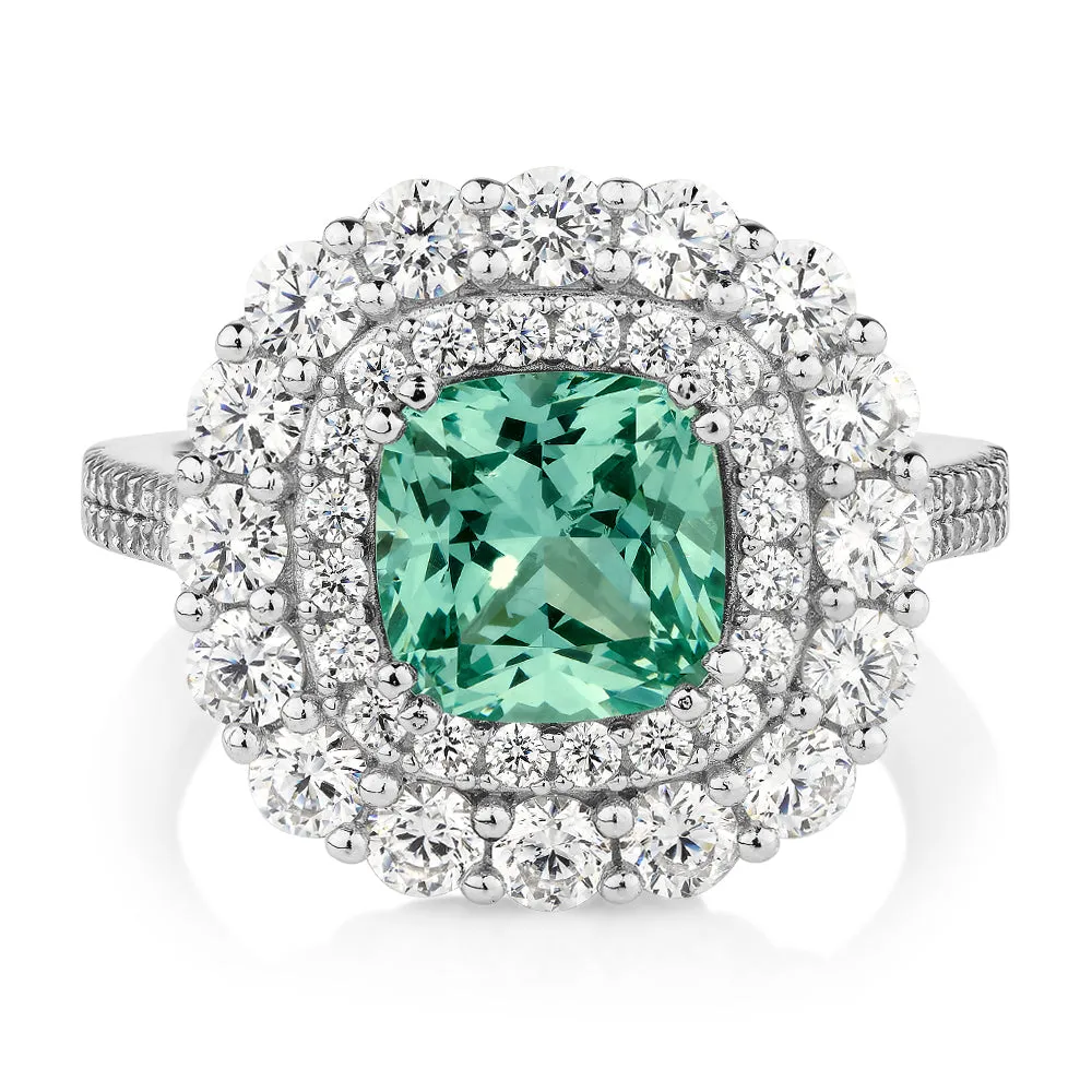 Dress ring with ocean green simulant and 1.76 carats* of diamond simulants in sterling silver