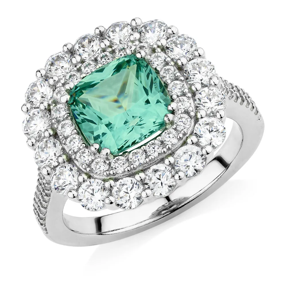 Dress ring with ocean green simulant and 1.76 carats* of diamond simulants in sterling silver
