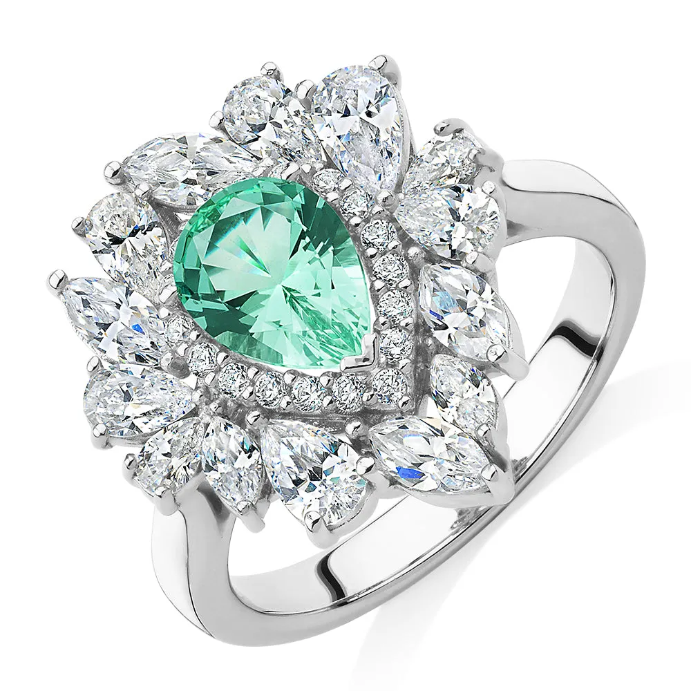 Dress ring with ocean green simulant and 2.42 carats* of diamond simulants in sterling silver