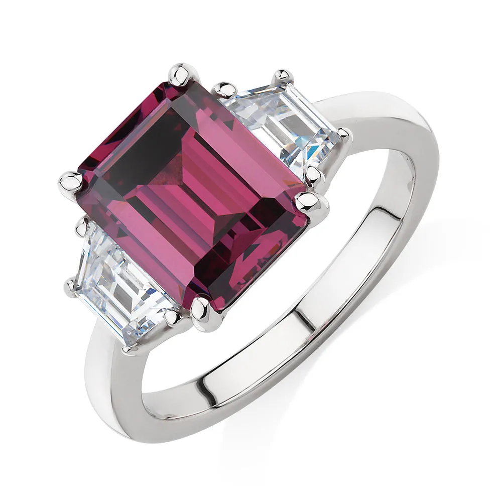 Dress ring with rhodolite simulant and 0.6 carats* of diamond simulants in sterling silver
