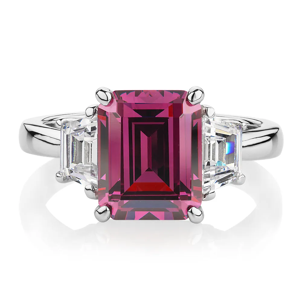 Dress ring with rhodolite simulant and 0.6 carats* of diamond simulants in sterling silver