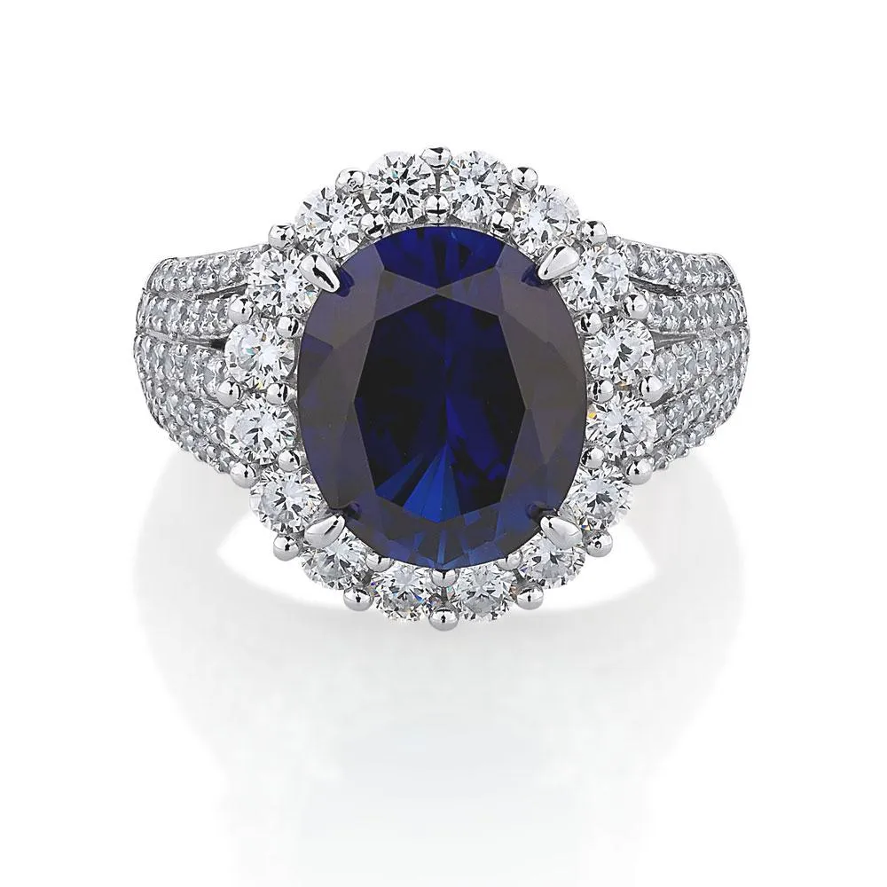 Dress ring with sapphire simulant and 1.83 carats* of diamond simulants in sterling silver