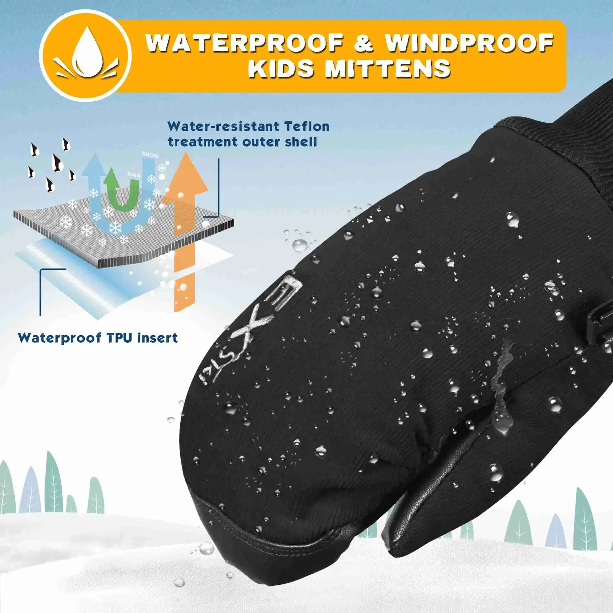 EXski Waterproof Kids Ski Mittens with Sherpa Fleece Lining