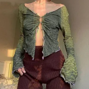Fashionkova streetwear men outfits 2024 Gothic Street Long Sleeve Top Ins Personality Autumn Hot Girl Hollow out T-shirt Green Women
