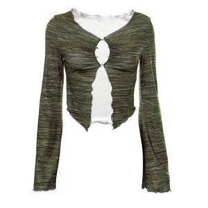 Fashionkova streetwear men outfits 2024 Gothic Street Long Sleeve Top Ins Personality Autumn Hot Girl Hollow out T-shirt Green Women