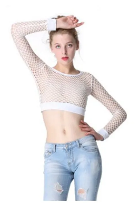 Fit High Waist Hollow-out See-through Fishnet Navel T-shirt Wear Women