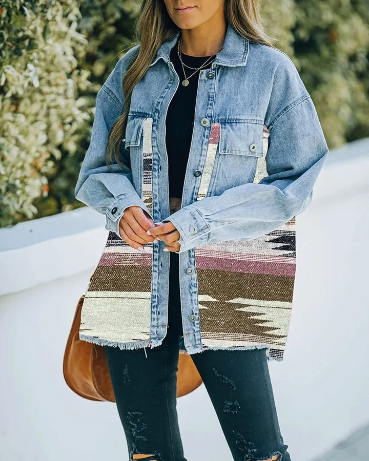 Jeans Casual Jackets 2022 Autumn Winter New Aztec Lapel Pocket Denim Coat Patchwork Long Sleeve Wool Women's Retro Jacket