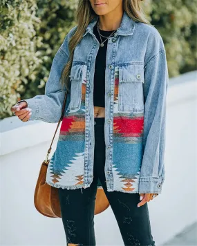 Jeans Casual Jackets 2022 Autumn Winter New Aztec Lapel Pocket Denim Coat Patchwork Long Sleeve Wool Women's Retro Jacket