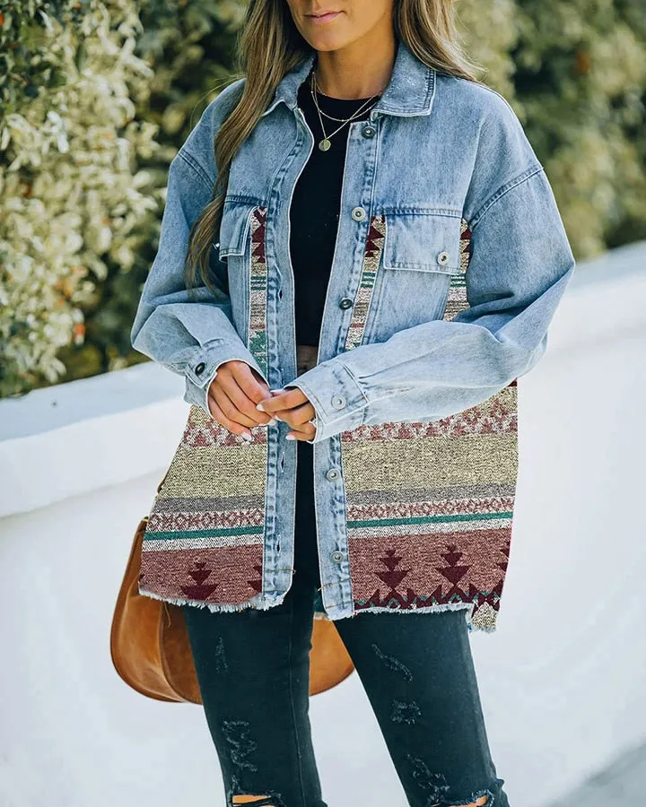 Jeans Casual Jackets 2022 Autumn Winter New Aztec Lapel Pocket Denim Coat Patchwork Long Sleeve Wool Women's Retro Jacket