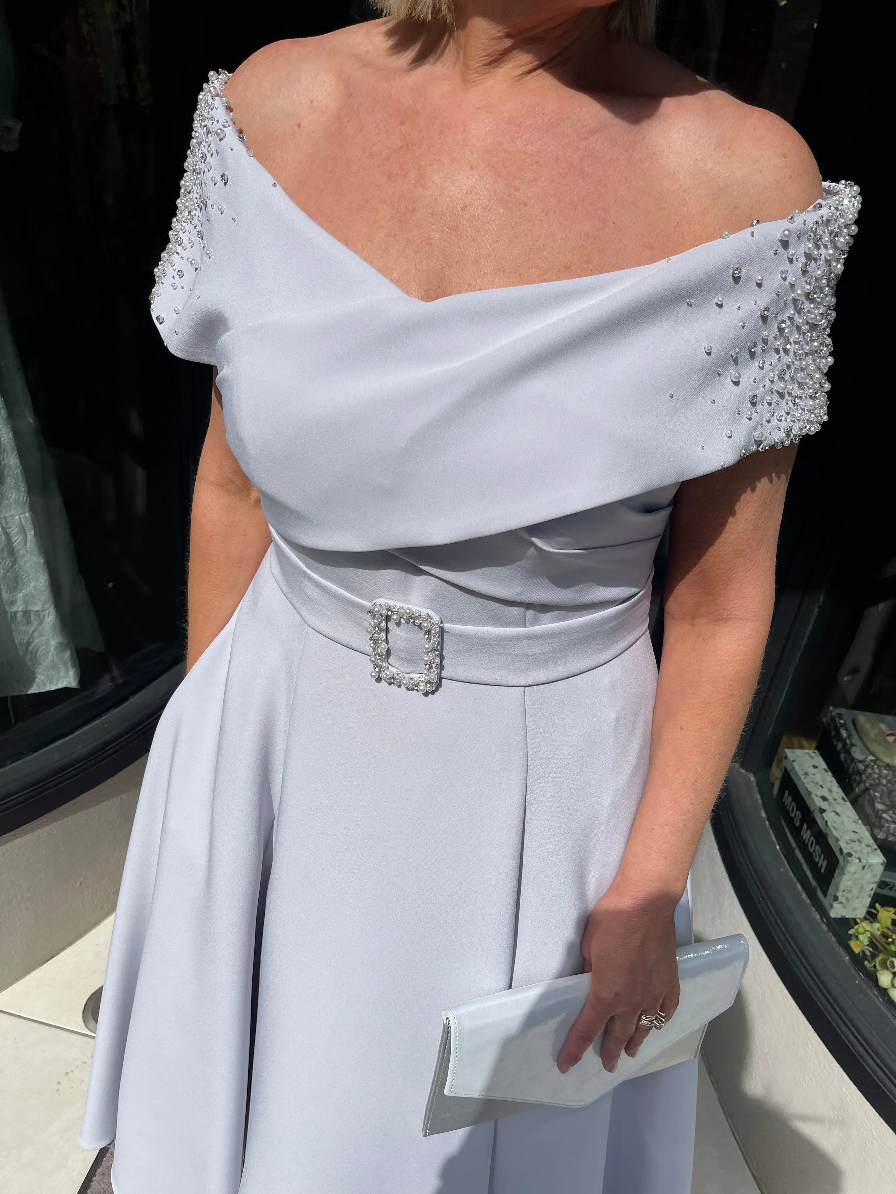 John Charles 66501 Crepe and Beading Silver Dress