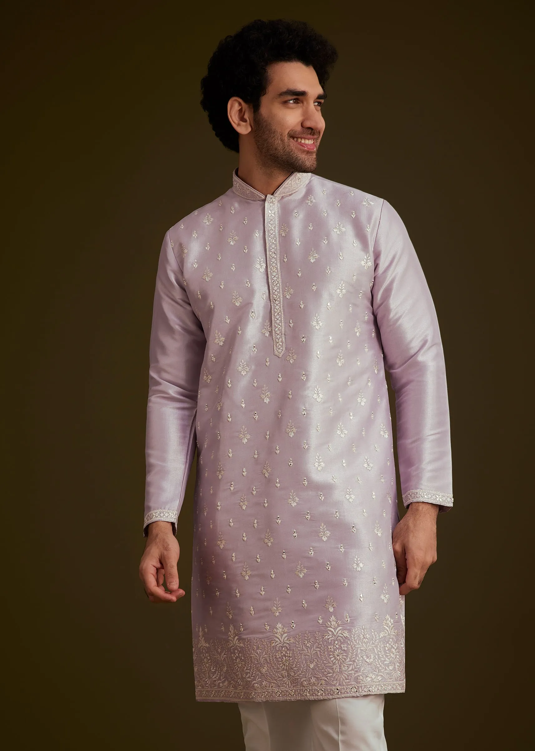 Lilac Embroidered Silk Kurta Set