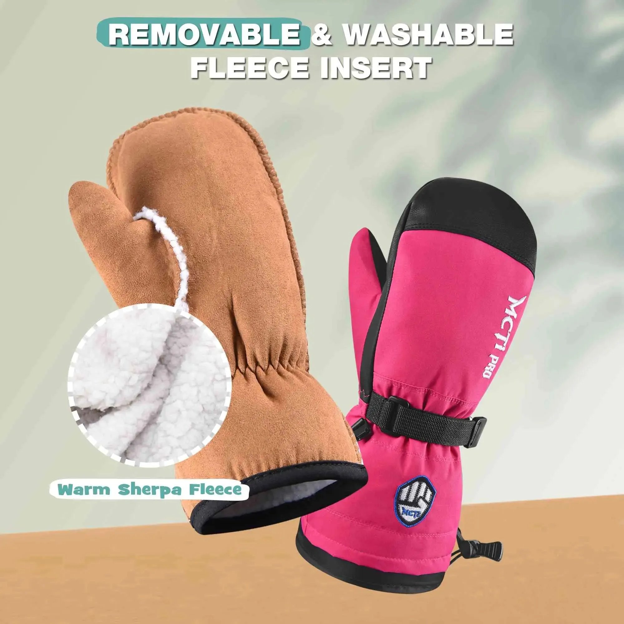 MCTi Kids Mittens Waterproof Winter Ski Warm Sherpa Fleece Lined Removable Insert