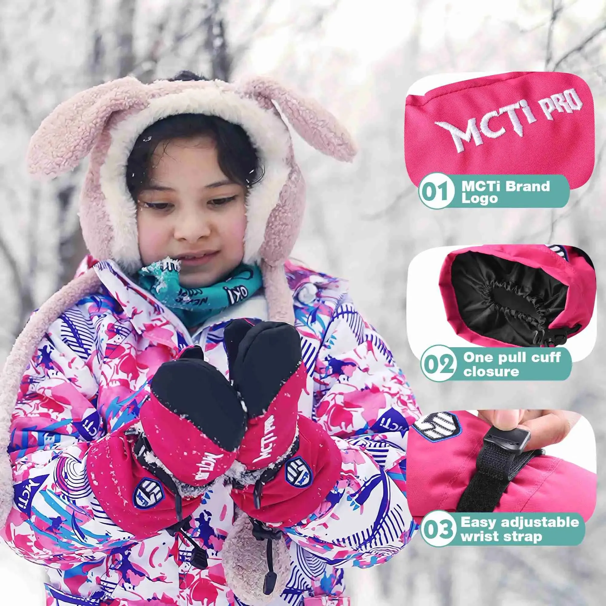 MCTi Kids Mittens Waterproof Winter Ski Warm Sherpa Fleece Lined Removable Insert