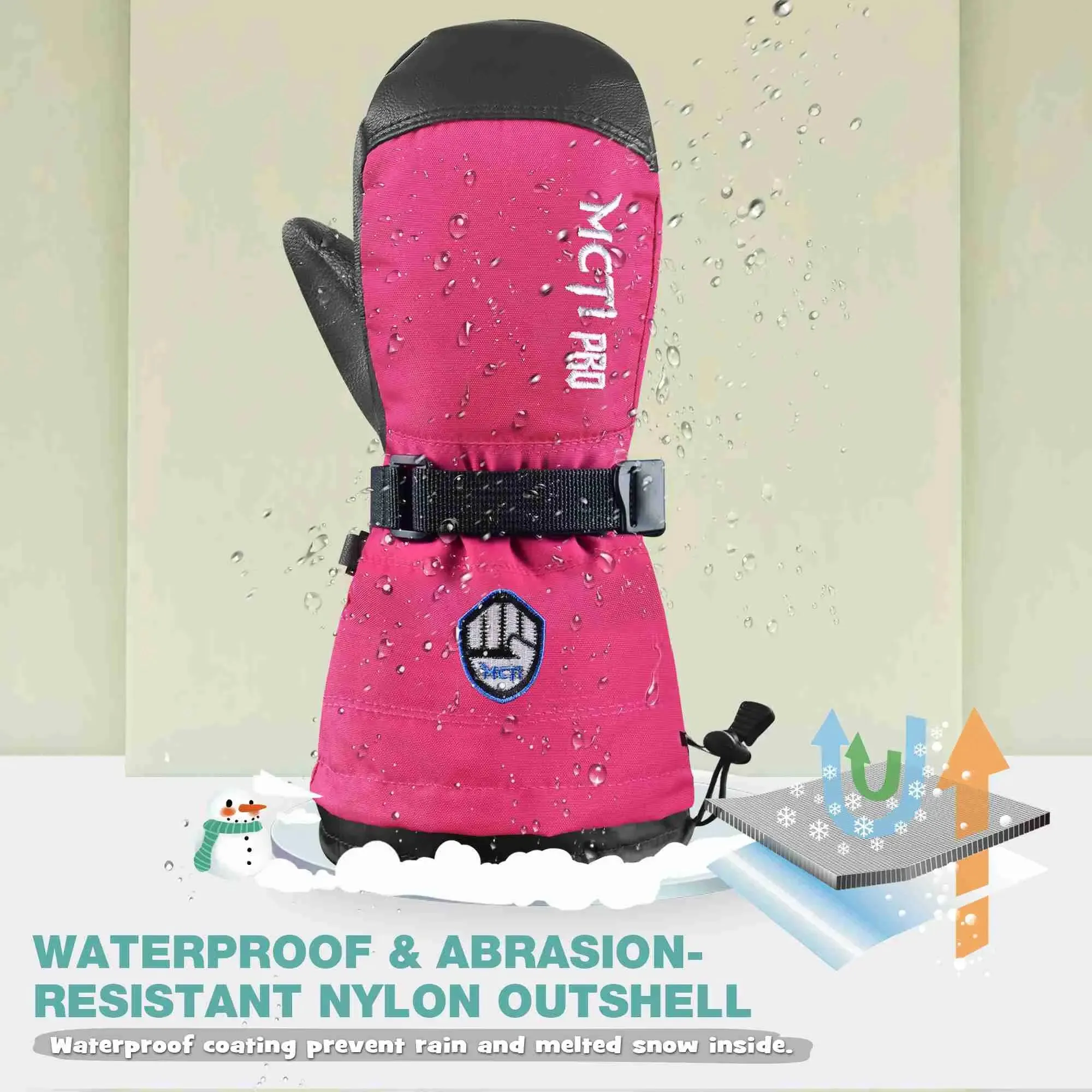 MCTi Kids Mittens Waterproof Winter Ski Warm Sherpa Fleece Lined Removable Insert